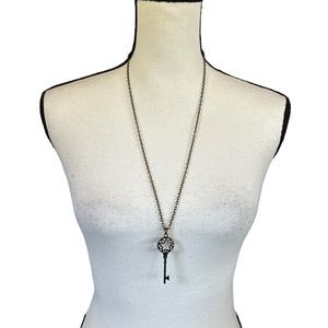 Metal Star Key Pendant Chain Necklace Tarnished Rhinestones Boho Chic Whimsical